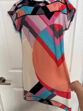 Donna Morgan Geometric Colorblock Shift Dress Pink Coral Teal Mod Print